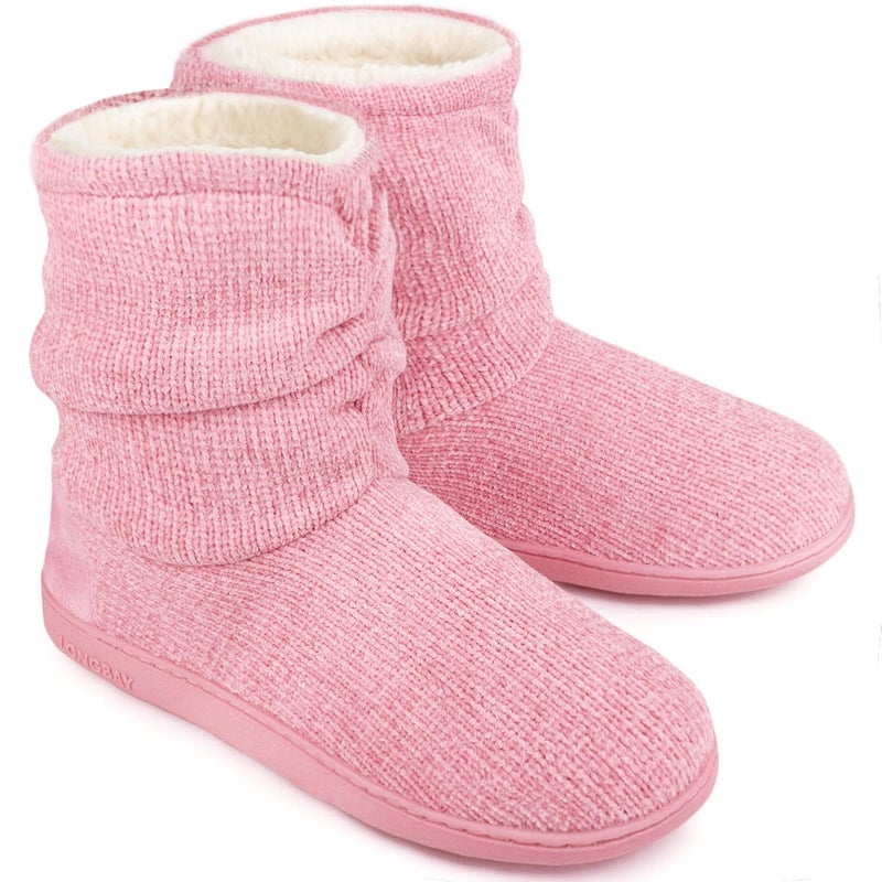 LongBay Women's Chenille Knit Bootie Slippers Cute Plush Fleece Memory Foam House Shoes (Large / 9-10 B(M), Pink) - Image 1
